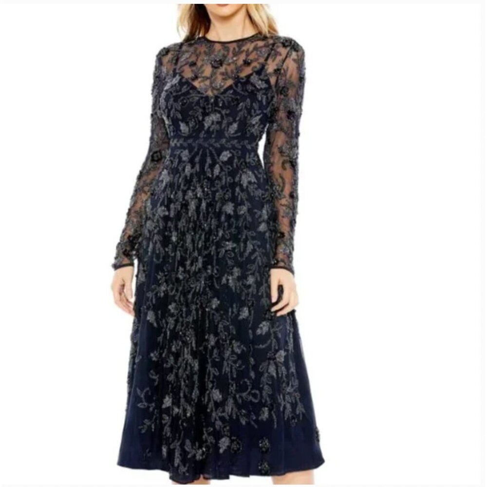 Mac Duggal Dress Womens 2 Navy Beaded Embroidered Long Sleeve Midi Formal 10799